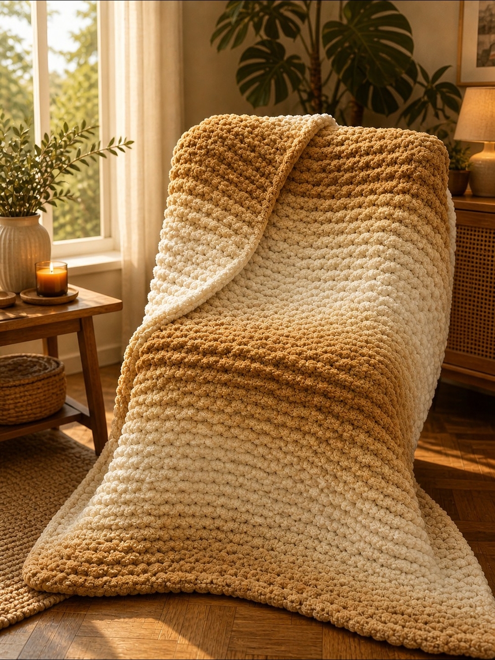 Cozy Ombré Chunky Hand Knit Lg Throw Blanket - Golden